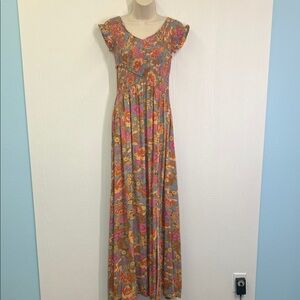 Aakaa - Colorful Floral Smocked Cross Chest Slit Long Maci Dress Size Small